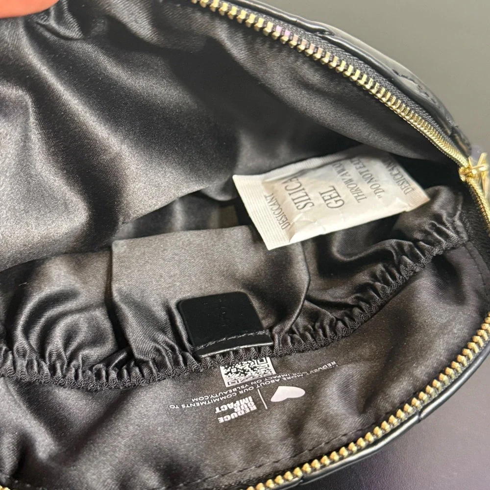 YSL Black Quilted Cosmetic Pouch Gold Logo Makeup Organizer Small Travel Bag NEW